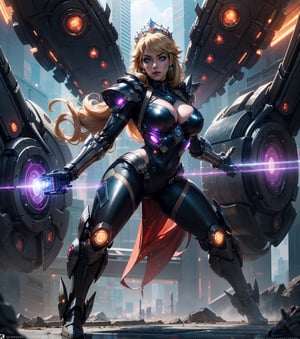Masterpiece in UHD, merging animation style with elements of science fiction. | In a futuristic landscape, Princess Peach emerges transformed into an impressive cyborg. Her royal gown is replaced by a shimmering futuristic armor, and her tiara now incorporates technological visors. Cybernetic details are visible in her limbs, and she exudes an aura of cybernetic power. | The cyborg princess is in an action pose, with one of her cybernetic arms raised, displaying an energy cannon. Her gaze blends royal determination with the coldness of technology. The surrounding environment reflects a futuristic landscape, with towering skyscrapers and advanced technology. | The composition highlights Princess Peach cyborg as the focal point of the scene, contrasting her royal nature with the cybernetic enhancements. Lighting effects accentuate the metallic parts, creating a futuristic and imposing atmosphere. | An extraordinary scene that reimagines Princess Peach as a powerful cyborg, merging royal elegance with technological strength in an impressive action pose. | {The camera is positioned at a dynamic angle, capturing the full glory of the scene, showcasing the determination in the cybernetic eyes of Princess Peach, surrounded by the futuristic cityscape.} | She is adopting (((dynamic_pose as wields_cybernetic_arm, with energy cannon activated))), ((dynamic_pose):1.3), ((intense_expression)), ((perfect_pose)), ((perfect_pose):1.5), (((full body))), ((well_defined_face, ultra_detailed_face, well_defined_eyes, ultra_detailed_eyes)), ((perfect_finger, perfect_hand)), ((More Detail)), cybernetic_aura, futuristic_cityscape
