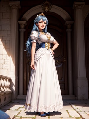 A woman, black and white maid's costume, very short white skirt with embroidery, ((gigantic breasts)), blue hair, wavy hair, hair with bangs in front of the eyes, looking at the viewer, ((pose with interaction and leaning on [something|an object])), in a castle near the balcony, with structures, furniture, backyard with many trees and flowers, is daytime, ((full body):1.5), 16k, UHD, best possible quality, ultra detailed, best possible resolution, Unreal Engine 5, professional photography, well-detailed fingers, well-detailed hand, perfect_hands, perfect