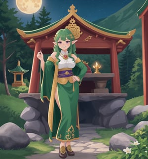 A fantastic masterpiece of art, full of beauty and magic. | A 237-year-old elf woman with an elegant and wise appearance is in a temple in the rocky mountains, a mystical and enchanted environment. | She wears a long tunic of dark green fabric, with gold details and leaf embroidery, showing her connection to nature and her status as a sorceress. | To complement her look, she also wears a green velvet cape with feather trim and a gold moon-shaped brooch, adding a touch of sophistication and magic to her appearance. | Her long, wavy green hair has a few loose strands at the front, giving her beauty a natural and delicate look. Her purple eyes are large and expressive, conveying wisdom and serenity, while her smile with sharp white teeth shows her elfin nature and grace. | The temple in the rocky mountains has rock structures, wooden structures, an altar in the center and pillars with emblems, creating a sacred and mystical atmosphere. | Soft, mystical lighting effects create an enchanted, serene atmosphere, while detailed textures on structures and costume add realism to the image. | An elegant and magical scene of an elf woman in a rocky mountain temple, exploring themes of fantasy, nature and magic. | (((((The image reveals a full-body shot as she assumes a sensual pose, engagingly leaning against a structure within the scene in an exciting manner. She takes on a sensual pose as she interacts, boldly leaning on a structure, leaning back in an exciting way.))))). | ((full-body shot)), ((perfect pose)), ((perfect fingers, better hands, perfect hands)), ((perfect legs, perfect feet)), ((huge breasts)), ((perfect design)), ((perfect composition)), ((very detailed scene, very detailed background, perfect layout, correct imperfections)), More Detail, Enhance