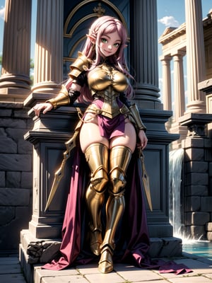 Princess Zelda, ((wearing the golden armor of the Sign of Libra with several gold weapons attached to the armor, extremely tight and tight on the body)), straight purple hair, hair with bangs in front of the eye, ((gigantic breasts)), ((Pposing, leaning against an item)), staring at the viewer, in the temple of the knight of Sagittarius of ancient Greece, marble pillars, large altars with armor, near a waterfall, is by day, (((full body))), 16k, UHD, better quality, better resolution, better detail, light and shadow effects,
