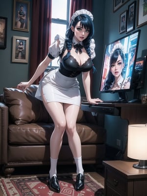 A woman, wearing black domestic sheath attire with white parts, short white skirt, long white socks, black shoes, tight and tight clothing, gigantic breasts, blue hair, hair with solo+short braid, mohawk hair, hair with bangs in front of the eyes, (looking at the viewer), (((dynamic pose+Interacting+leaning on anything+object+leaning against))) in a modern apartment, with furniture, computers, plasma tv, bed, window, lights on the walls, sofa bed, 16K, UHD, (full body:1.5), unreal engine 5, cyberpunk, ((maid)), quality max, max resolution, ultra-realistic, ultra-detailed, maximum sharpness, ((two legs, perfect_hands)), better_hands, 
