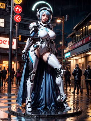 A fairy woman, wearing ((white mecha costume with parts in blue, gigantic breasts, cybernetic helmet)), very short hair, blue hair, messy hair, hair with bangs in front of eyes, magical aura around the body, (((looking at the viewer, sensual pose with interaction and leaning on anything+object+on something+leaning against+leaning against))) in a Japanese bus station at night with heavy rain, many structures, benches, people waiting for the bus, ((full body):1.5); 16K, UHD, unreal engine 5, quality max, max resolution, ultra-realistic, ultra-detailed, maximum sharpness, ((perfect_hands): 1), Goodhands-beta2, ((technological))