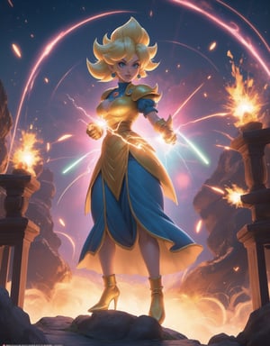 Masterpiece in 4K, anime style fused with influences from Dragon Ball Z. | In an enchanted kingdom, Princess Peach, known for her elegance, transforms into a Super Saiyan. Her dress flutters with intense energy, golden hair radiates power, and blue eyes shine with determination. She floats in the air, surrounded by an aura of glowing energy as she releases powerful waves of ki. The Mushroom Kingdom setting is lit by sparks of energy, creating an epic scene of transformation. | Low angle composition, highlighting the majesty of the transformation. Light effects intensify the details of the scene, highlighting the vibrant colors of the transformation. | An empowered Princess Peach, becoming a Super Saiyan in an epic transformation scene. | She is adopting a ((dynamic pose as interactions, boldly leaning on a large structure in the scene, leaning back in a dynamic way, adding a unique touch to the scene):1.3), The camera angle is too close to her, ( (Full body image)), perfect hand, fingers, hand, perfect, better_hands, More Detail