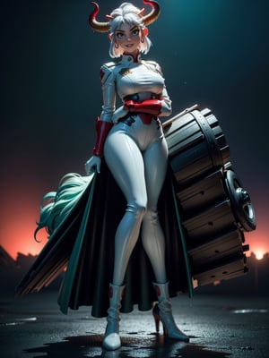 A woman, wearing white wick costume with dark red parts, very tight costume on the body, ((gigantic breasts, perfect body, all wet body)), short hair, flat hair, hair with bangs in front of the eyes, ((horns on the head, hair with green lock)), looking at the viewer, (((pose with interaction and leaning on [something|an object]))), in front of a giant robot,  with machines, vehicles, giant robot agar background is at night, raining hard, ((full body):1.5), 16k, UHD, best possible quality, ultra detailed, best possible resolution, Unreal Engine 5, professional photography, hand and fingers well done, well-structured fingers, well-detailed fingers, well-detailed hand, perfect_hands, perfect