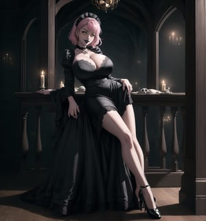 A gothic-lolita style masterpiece with realistic details, rendered in ultra-high resolution. | A young 22-year-old woman with pink hair and yellow eyes wears an elegant and provocative maid outfit. The black dress with white lace and the white apron with lace details highlight her sensual curves. She also wears black stockings and black low-heeled shoes, as well as accessories such as a pink heart pendant and a black leather bracelet. ((The young woman smiles at the viewer, showing her white teeth and wearing black lipstick)), creating a charming contrast to her sweet and innocent appearance. | The scene takes place in a macabre house, poorly lit by candles scattered throughout the room. The wooden structures, cobwebs hanging from the walls, and skulls and bones scattered across the floor create a spooky and mysterious atmosphere. The young woman stands out amidst this dark backdrop, adding a layer of beauty and fascination to the image. | Soft, moody lighting effects create a gothic mood, while detailed textures on clothing, accessories and set elements add realism to the masterpiece. | An intriguing and compelling scene of a young gothic-lolita woman in a macabre house, exploring themes of contrast, beauty and mystery. | (((((The image reveals a full-body shot as she assumes a sensual pose, engagingly leaning against a structure within the scene in an exciting manner. She takes on a sensual pose as she interacts, boldly leaning on a structure, leaning back in an exciting way.))))). | ((full-body shot)), ((perfect pose)), ((perfect fingers, better hands, perfect hands)), ((perfect legs, perfect feet)), ((huge breasts)), ((perfect design)), ((perfect composition)), ((very detailed scene, very detailed background, perfect layout, correct imperfections)), More Detail, Enhance