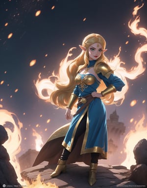 Masterpiece in 4K, anime style fused with the essence of Dragon Ball Z. | In the kingdom of Hyrule, Princess Zelda undergoes an extraordinary transformation, becoming a Super Saiyan. Her royal attire converts to golden armor, while her blonde hair rises into golden flames. Blue eyes shine with a divine intensity, and she exudes an aura of power that transforms the environment around her. Hyrule Castle serves as the backdrop for this epic metamorphosis. | (Low angle composition), highlighting the grandeur of the transformation. Lighting effects intensify the details of the scene, highlighting the golden armor and surrounding energy. | Princess Zelda in a magnificent transformation, becoming a Super Saiyan with a monumental impact on Hyrule. | She is adopting a ((dynamic pose as interactions, boldly leaning on a large structure in the scene, leaning back in a dynamic way, adding a unique touch to the scene):1.3), , ((Full body image)), perfect hand, fingers, hand, perfect, better_hands, More Detail