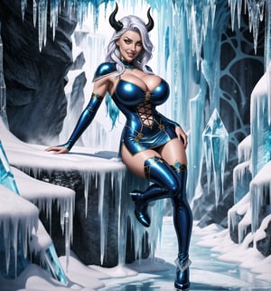 An ultra-detailed 16K masterpiece featuring fantasy, gothic and sensual styles, rendered in ultra-high resolution with realistic details. | A young 23 year old woman with huge breasts, wearing an ice demon costume consisting of blue crystal armor, a short blue leather dress with ice details, blue leather knee-high boots, blue leather gloves and ice horns on his head. Her long blue hair, with a wavy and stylish cut, has shiny highlights. Her yellow eyes look at the viewer with a ((seductive expression, smiling and showing her teeth)). | The image highlights the imposing figure of the young woman, with her sensual curves and the mysterious and cold environment around her. Located in a frozen cave with icy fog, with ice structures, stalactites and ice stalagmites. The bluish light reflects off the ice walls, creating a mysterious and cold atmosphere. Ice crystals and frozen rock formations adorn the scene. | Soft, mysterious lighting effects create a relaxing and intriguing atmosphere, while detailed textures on structures and costumes add realism to the image. | A relaxing and terrifying scene of a beautiful ice demon woman in a frozen cave, fusing fantasy, gothic and sensual elements. | (((The image reveals a full-body shot as she assumes a sensual pose, engagingly leaning against a structure within the scene in an exciting manner. She takes on a sensual pose as she interacts, boldly leaning on a structure, leaning back and boldly throwing herself onto the structure, reclining back in an exhilarating way.))). | ((((full-body shot)))), ((perfect pose)), ((perfect arms):1.2), ((perfect limbs, perfect fingers, better hands, perfect hands, hands)), ((perfect legs, perfect feet):1.2), she has (((perfect breasts, firm breasts, saggy breasts, huge breasts))), ((perfect design)), ((perfect composition)), ((very detailed scene, very detailed background, perfect layout, correct imperfections)), Enhance, Ultra details, More Detail, ((poakl))