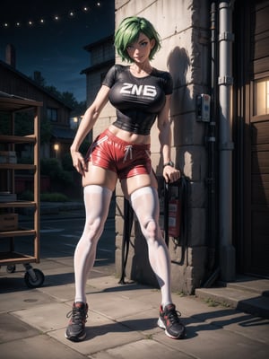 A woman, wearing a white T-shirt, short red shorts, white stockings, black sneakers, black suit, gigantic breasts, green hair, extremely short hair, rebellious hair, ponytailed hair, fringed hair in front of the eye, looking at the viewer, (((sensual pose+Interacting+leaning on anything+object+leaning against))), in a very busy night, with many construction machines,  vehicles, structures, ((full body):1.5), 16K, UHD, unreal engine 5, quality max, max resolution, ultra-realistic, ultra-detailed, maximum sharpness, ((perfect_hands):1), Goodhands-beta2,