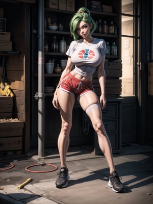 A woman, wearing a white T-shirt, short red shorts, white stockings, black sneakers, black suit, gigantic breasts, green hair, extremely short hair, rebellious hair, ponytailed hair, fringed hair in front of the eye, looking at the viewer, (((sensual pose+Interacting+leaning on anything+object+leaning against))), in a very busy night, with many construction machines,  vehicles, structures, ((full body):1.5), 16K, UHD, unreal engine 5, quality max, max resolution, ultra-realistic, ultra-detailed, maximum sharpness, ((perfect_hands):1), Goodhands-beta2,