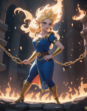 Masterpiece in 4K, anime style fused with the essence of Dragon Ball Z. | In the kingdom of Hyrule, Princess Zelda undergoes an extraordinary transformation, becoming a Super Saiyan. Her royal attire converts to golden armor, while her blonde hair rises into golden flames. Blue eyes shine with a divine intensity, and she exudes an aura of power that transforms the environment around her. Hyrule Castle serves as the backdrop for this epic metamorphosis. | Low angle composition, highlighting the grandeur of the transformation. Lighting effects intensify the details of the scene, highlighting the golden armor and surrounding energy. | Princess Zelda in a magnificent transformation, becoming a Super Saiyan with a monumental impact on Hyrule. | She is adopting a ((dynamic pose as interactions, boldly leaning on a large structure in the scene, leaning back in a dynamic way, adding a unique touch to the scene):1.3), The camera angle is too close to her, ( (Full body image)), perfect hand, fingers, hand, perfect, better_hands, More Detail
