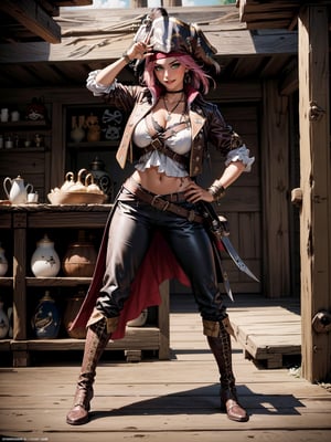A pirate woman, wearing brown leather coat, white T-shirt, black pants, brown leather boots, steals very stylishly, ((gigantic breasts)), pink hair, messy hair, short hair, straight hair, hair with bangs in front of the eyes, ((pirate hat on the head)), (((pirate eye patch)), looking at the viewer, (((pose with interaction and leaning on [something|an object]))),  on a pirate ship with furniture, structures, many pirates, ((full body):1.5), 16k, UHD, best possible quality, ultra detailed, best possible resolution, Unreal Engine 5, professional photography, well-detailed fingers, well-detailed hand, perfect_hands, ((pirates)), ((pirates of the caribbean style))