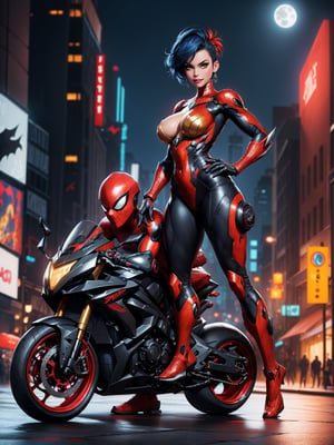 A woman, wearing mecha costume + spider man costume + batman costume, black with red parts, tight and tight clothing, monstrously giant breasts, blue hair, short hair, mohawk hair, looking at the viewer,(((pose interacting and leaning [on something|on an object]))), in a city with many vehicles, machines, robots, is at night, full moon at the top right, ((full body):1.5), 16k, UHD, best possible quality, ultra detailed, best possible resolution, Unreal Engine 5, professional photography, well-detailed fingers, well-detailed hand, perfect_hands, ((super metroid))