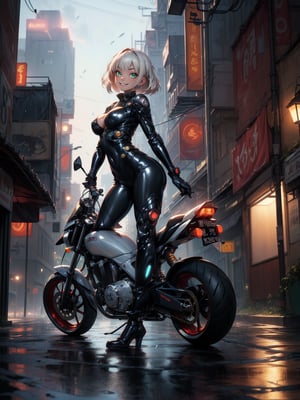 ((1woman)), ((wearing futuristic warrior clothing made of black latex, gold metals attached, extremely tight and short on the body)), ((flat silver hair, hair with bangs in front of the eye)), ((gigantic breasts)), ((staring at the viewer)), (((doing action position, leaning against an object))), ((in a futuristic city, motorcycle, giant robots, lampposts, raining hard,  soda machines, multiple people with different ethnicities)), ((((full body)))), 16k, UHD, better quality, better resolution, better detail, light and shadow effects