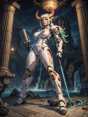 A woman, wearing ((White mecha costume with parts in blue, gigantic breasts, horns)), very short hair, white hair, hair with green locks, messy hair, hair with bangs in front of eyes, magical aura around the body, (((looking at the camera, sensual pose with interaction and leaning on anything+object+on something+leaning against+leaning against))) in an ancient temple at night in the mountains, with many structures, waterfall, altars, pedestals, ((full body):1.5); 16K, UHD, unreal engine 5, quality max, max resolution, ultra-realistic, ultra-detailed, maximum sharpness, ((perfect_hands):1), Goodhands-beta2, ((super metroid))+((mecha)),YamatoV2