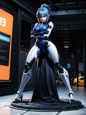 A woman, wearing robotic suit+mecha suit+white cybernetic armor with parts in blue, wearing helmet with colored visor, gigantic breasts, blue hair, extremely short hair, rebellious hair, hair with ponytail, hair with bangs in front of the eye, looking at the viewer, (((sensual pose+Interacting+leaning on anything+object+leaning against))), at a bus stop with many machines, structures, people walking, ((full body):1.5), 16K, UHD, Unreal Engine 5, quality max, max resolution, ultra-realistic, ultra-detailed, maximum sharpness, ((perfect_hands):1), Goodhands-beta2, [super metroid, cyberpunk]