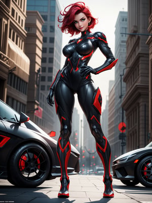  A woman, wearing mecha costume+batman costume+Superman costume+black spider man costume with red parts, extremely large breasts, green hair, short hair, helmet on the head, (((staring at the viewer, pose interacting and leaning [on something|on an object]))), in a futuristic city, with various vehicles, machines, robots, ((full body):1.5),  16k, UHD, best possible quality, ultra detailed, best possible resolution, Unreal Engine 5, professional photography, well-detailed fingers, well-detailed hand, perfect_hands