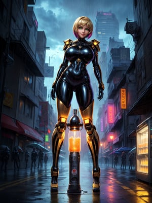 ((1woman)), ((wearing futuristic warrior clothing made of black latex, gold metals attached, extremely tight and short on the body)), ((short straight rainbow hair, hair with bangs in front of the eye)), (((gigantic breasts)), (((making action position, leaning against an object))), ((staring at the viewer)), ((in a futuristic city, giant robots, lampposts, raining hard,  soda machines, multiple people with different ethnicities)), ((((full body)))), 16k, UHD, better quality, better resolution, better detail, light and shadow effects