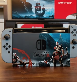 ((A fully customized God of War themed nintendo switch on a table)).