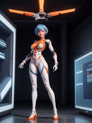 A woman, wearing white wick suit + blue parts, very tight costume on the body, ((gigantic breasts)), light blue hair, very short hair, flat hair, hair with bangs in front of the eyes, looking at the viewer, (((pose with interaction and leaning on [something|an object]))), inside a giant robot with control panel, computers, machinery, overview of a giant robot, is day, ((full body):1.5), 16k, UHD, best possible quality, ultra detailed, best possible resolution, Unreal Engine 5, professional photography, (perfect:0.8), ((well-detailed fingers):0.8), ((well-detailed hand):0.8), ((perfect hands):0.8), ((neon genesis evangelion)) + ((mecha))