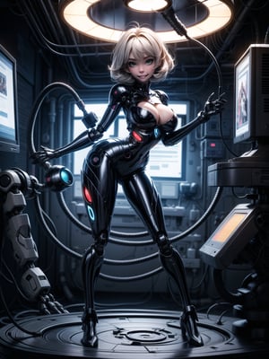 A woman, wearing black costume with parts in blue+mecha costume+medieval armor, very tight on the body, ((gigantic breasts)), blue hair, very short hair, hair with bangs in front of the eyes, is looking at the spectacle, (((sensual pose with interaction and leaning on anything+object+on something+leaning against))) in a laboratory, with machines, robots, computers with floating display, pipes with water cooling the place, ((full body): 1.5); 16K, UHD, maximum quality, maximum resolution, ultra-realistic, ultra-detailed, ((perfect_hands):1), Goodhands-beta2, ((robotic))