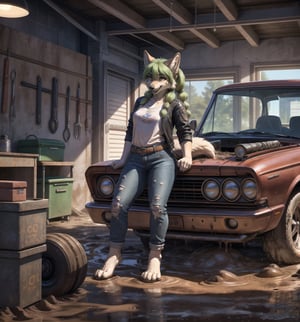 ((Clear 4K image with realistic dirty and worn style, rendered in ultra-high resolution with graphic details.):1.3). | At the vintage car body shop, a young 21-year-old werewolf is working tirelessly. She wears a white t-shirt, blue denim overalls with straps hanging from one of them, and a black leather belt with a gold buckle at her waist. His black leather boots are dirty with grease, as is the rest of his clothes, which are aged and tight to his body. Her long, straight green hair cascades over her shoulders, with large bangs in front of her eyes. She has two long pigtails held together with metal clips. Her yellow eyes look at the viewer with a mysterious look, while she (((smiles))), showing her teeth, with her mouth open, her tongue out and drool running down. Her face is covered in grease, as is the rest of the room. | The scene takes place in the old car body shop, a filthy and dirty place, full of stacked tires, mud and dirt. There is a bench with tools scattered around, old car engines and an old, rusty car in the process of being repaired. The smell of oil and gasoline permeates the air as the wolf woman works tirelessly. | Composition at an angle to the general plane, emphasizing the figure of the wolf woman and the elements of the bodywork. The metal structures, tires, mud and dirt, together with the wolf woman, the workbench, the tools and the old car, create a filthy and worn-out environment. The body shop's artificial lighting creates dramatic shadows and highlights the details of the scene. | Soft, shadowy lighting effects create a tense and challenging atmosphere, while rough, detailed textures on skin, clothing, tires and structures add realism to the image. | A challenging and realistic scene of a young wolf woman working tirelessly in the vintage car body shop, overcoming obstacles with determination and mechanical skill. | (((((The image reveals a full-body_image as she assumes a dynamic_pose, engagingly leaning against a structure within the scene in an exciting manner. She takes on a dynamic_pose as she interacts, boldly leaning on a structure, leaning back in an exciting way.))))). | ((perfect anatomy, perfect body)), ((perfect_pose):1.5), ((more_than_a_dynamic_pose, dynamic_pose):1.3), ((full-body_image)), ((perfect fingers, better hands, perfect hands, perfect legs, perfect feet)), ((perfect design)), ((correct errors):1.2), ((perfect composition)), ((very detailed scene, very detailed background, correct imperfections, perfect layout):1.2), (( More Detail, Enhance))