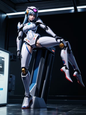 A woman, wearing white wick suit with parts in blue + robotic armor with lights, gigantic breasts, wearing helmet with transparent colored visor, blue hair, rebellious hair, messy hair, hair with bangs in front of the eye, looking at the viewer, (((sensual pose with interaction and leaning on anything+object+leaning against))), in a spaceship with many structures,  equipment, robots, computers, elevator, ((full body):1.5), 16K, UHD, unreal engine 5, quality max, max resolution, ultra-realistic, ultra-detailed, maximum sharpness, ((perfect_hands):1), Goodhands-beta2, [super metroid], cyberware, cybernetic