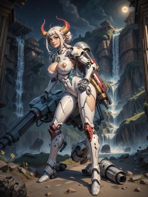 A woman, wearing ((White mecha costume with parts in blue, gigantic breasts, horns)), very short hair, white hair, hair with green locks, messy hair, hair with bangs in front of eyes, magical aura around the body, (((looking at the camera, sensual pose with interaction and leaning on anything+object+on something+leaning against+leaning against))) in an ancient temple at night in the mountains, with many structures, waterfall, altars, pedestals, ((full body):1.5); 16K, UHD, unreal engine 5, quality max, max resolution, ultra-realistic, ultra-detailed, maximum sharpness, ((perfect_hands):1), Goodhands-beta2, ((super metroid))+((mecha)),YamatoV2