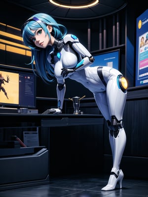 A woman, wearing white wick suit with parts in blue + robotic armor with lights, gigantic breasts, wearing helmet with transparent colored visor, blue hair, rebellious hair, messy hair, hair with bangs in front of the eye, looking at the viewer, (((sensual pose with interaction and leaning on anything+object+leaning against))), in a spaceship with many structures,  equipment, robots, computers, elevator, ((full body):1.5), 16K, UHD, unreal engine 5, quality max, max resolution, ultra-realistic, ultra-detailed, maximum sharpness, ((perfect_hands):1), Goodhands-beta2, super metroid, cyberware, cybernetic