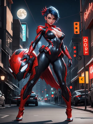 A woman, wearing mecha costume + spider man costume + batman costume, black with red parts, tight and tight clothing, monstrously giant breasts, blue hair, short hair, mohawk hair, looking at the viewer,(((pose interacting and leaning [on something|on an object]))), in a city with many vehicles, machines, robots, is at night, full moon at the top right, ((full body):1.5), 16k, UHD, best possible quality, ultra detailed, best possible resolution, Unreal Engine 5, professional photography, well-detailed fingers, well-detailed hand, perfect_hands