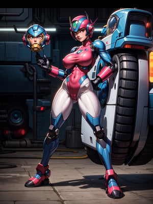 A fairy woman, wearing ((white mecha costume with parts in pink, gigantic breasts, cybernetic helmet)), very short hair, blue hair, messy hair, hair with bangs in front of eyes, magical aura around the body, (((looking at the viewer, sensual pose with interaction and leaning on anything+object+on something+leaning against+leaning against))) on a military base with many vehicles, machines, robots, ((full body):1.5); 16K, UHD, unreal engine 5, quality max, max resolution, ultra-realistic, ultra-detailed, maximum sharpness, ((perfect_hands): 1), Goodhands-beta2, ((MegaMan X))+((metal gear solid 3))