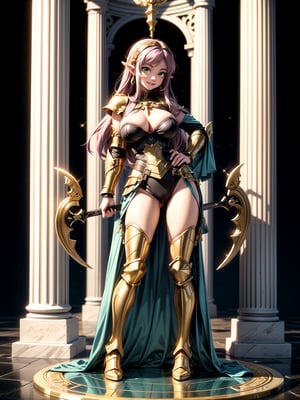 Princess Zelda, ((wearing the golden armor of the Sign of Libra with several gold weapons attached to the armor, extremely tight and tight on the body)), straight purple hair, hair with bangs in front of the eye, ((gigantic breasts)), ((Pposing, leaning against an item)), staring at the viewer, in the temple of the knight of Sagittarius of ancient Greece, marble pillars, large altars with armor, near a waterfall, is by day, (((full body))), 16k, UHD, better quality, better resolution, better detail, light and shadow effects,
