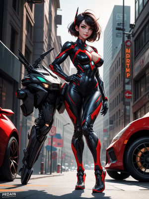 A woman, wearing mecha costume+batman costume+Superman costume+black spiderman costume with red parts, short white skirt, extremely large breasts, green hair, short hair, hair with bangs covering the eye, helmet on the head, (((staring at the viewer, pose interacting and leaning [on something|on an object]))), in a futuristic city,  with various vehicles, machines, robots, ((full body):1.5), 16k, UHD, best possible quality, ultra detailed, best possible resolution, Unreal Engine 5, professional photography, well-detailed fingers, well-detailed hand, perfect_hands