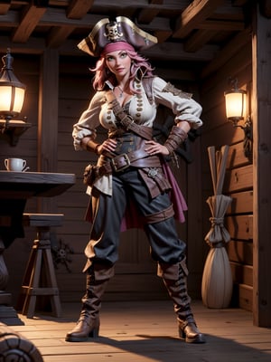 A pirate woman, wearing brown leather coat, white T-shirt, black pants, brown leather boots, steals very stylishly, ((gigantic breasts)), pink hair, messy hair, short hair, straight hair, hair with bangs in front of the eyes, ((pirate hat on the head)), ((pirate eye patch)), looking at the viewer, (((pose with interaction and leaning on [something|an object]))),  on a pirate ship with furniture, structures, many pirates, ((full body):1.5), 16k, UHD, best possible quality, ultra detailed, best possible resolution, Unreal Engine 5, professional photography, well-detailed fingers, well-detailed hand, perfect_hands, ((pirates)), ((pirates of the caribbean style))