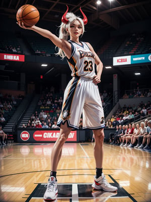 Yamato as a basketball player, wearing white basketball player costume with black parts, white pants with blue stripes, extremely short and tight suit and pants on the body, monstrously gigantic breasts, white hair with green locks, hair with ponytail, bangs in front of the eyes, red horns on the head, looking at the spectator, (((erotic pose interacting and leaning on an object))), on an NBA basketball court, multiple people in the stands, multiple basketball players, scoreboard, basketball naps, court with bright floor, it's daytime, ((full body):1.5). 16k, UHD, best possible quality, ((best possible detail):1), best possible resolution, Unreal Engine 5, professional photography, nsfw