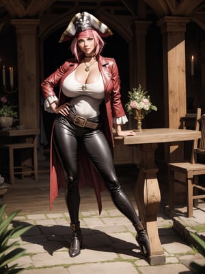 A pirate woman, wearing brown leather coat, white T-shirt, black pants, brown leather boots, steals very stylishly, ((gigantic breasts)), pink hair, messy hair, short hair, straight hair, hair with bangs in front of the eyes, ((pirate hat on the head, pirate eye patch on the eye)), looking at the viewer, (((pose with interaction and leaning on [something|an object]))),  in a medieval castle, with antique furniture, windows, in an open area, forest bottom with a small lake, is by day, ((full body):1.5), 16k, UHD, best possible quality, ultra detailed, best possible resolution, Unreal Engine 5, professional photography, well-detailed fingers, well-detailed hand, perfect_hands, ((medieval style))