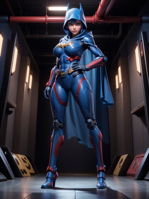 A woman, wearing blue mech costume with red parts + white ninja costume, very tight costume on the body, ((gigantic breasts)), blue hair, mohawk hair, short hair, hair with bangs in front of the eyes, ((hood on the head)), looking at the viewer, (((pose with interaction and leaning on [something|an object]))), at a secret base in a cave,  with computers, elevators, machines, robots, pipe-shaped lights, ((full body):1.5), 16k, UHD, best possible quality, ultra detailed, best possible resolution, Unreal Engine 5, professional photography, well-detailed fingers, well-detailed hand, perfect_hands, perfect, ((super metroid, batman)) + ((mecha, ninja))