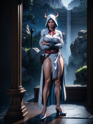 A woman, wearing ((white robe+White mecha costume with parts in blue, gigantic breasts, horns)), very short hair, blue hair, messy hair, hair with bangs in front of eyes, magical aura around the body, (((looking at the viewer, sensual pose with interaction and leaning on anything+object+on something+leaning against+leaning against))) in an ancient temple at night in the mountains, with many structures, waterfall, altars, pedestals, ((full body):1.5); 16K, UHD, unreal engine 5, quality max, max resolution, ultra-realistic, ultra-detailed, maximum sharpness, ((perfect_hands):1), Goodhands-beta2, ((Assassin's creed)) + ((futuristic))