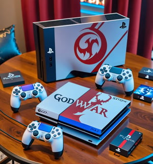 ((A fully customized God of War themed PlayStation 5 on a table)).