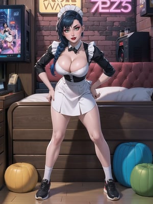 A woman, wearing black domestic sheath attire with white parts, short white skirt, long white socks, black shoes, tight and tight clothing, gigantic breasts, blue hair, hair with solo+short braid, mohawk hair, hair with bangs in front of the eyes, (looking at the viewer), (((sensual pose+Interacting+leaning on anything+object+leaning against))) in a modern apartment, with furniture, computers, plasma tv, bed, window, lights on the walls, sofa bed, 16K, UHD, (full body:1.5), unreal engine 5, cyberpunk, ((maid)), quality max, max resolution, ultra-realistic, ultra-detailed, maximum sharpness, ((ng_deeppositive_v1_75t)), ((perfect_hands)), better_hands