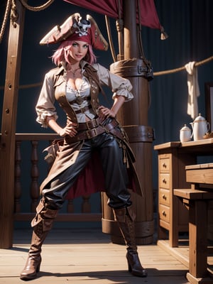 A pirate woman, wearing brown leather coat, white T-shirt, black pants, brown leather boots, steals very stylishly, ((gigantic breasts)), pink hair, messy hair, short hair, straight hair, hair with bangs in front of the eyes, ((pirate hat on the head)), ((pirate eye patch)), looking at the viewer, (((pose with interaction and leaning on [something|an object]))),  on a pirate ship with furniture, structures, many pirates, ((full body):1.5), 16k, UHD, best possible quality, ultra detailed, best possible resolution, Unreal Engine 5, professional photography, well-detailed fingers, well-detailed hand, perfect_hands, ((pirates)), ((pirates of the caribbean style))