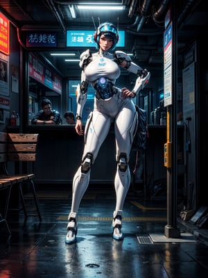 A fairy woman, wearing ((white mecha costume with parts in blue, gigantic breasts, cybernetic helmet)), very short hair, blue hair, messy hair, hair with bangs in front of eyes, magical aura around the body, (((looking at the viewer, sensual pose with interaction and leaning on anything+object+on something+leaning against+leaning against))) in a Japanese bus station at night with heavy rain, many structures, benches, people waiting for the bus, ((full body):1.5); 16K, UHD, unreal engine 5, quality max, max resolution, ultra-realistic, ultra-detailed, maximum sharpness, ((perfect_hands): 1), Goodhands-beta2, ((technological)), ((cyberpunk))