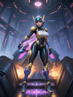 Ultra HD 16K resolution, blending Mega Man X and Super Metroid styles, offering maximum sharpness and exceptional quality. | On a futuristic aircraft, a stunning 30-year-old woman with short blue hair wears white robotic armor with blue and yellow details, standing out in the ultra-detailed scene. The cybernetic helmet frames her face, and she gazes directly at the viewer, intensifying the visual connection. | The composition, at a descending dynamic angle, highlights the woman's sensual pose as she interacts and leans on a large technological structure. Large machines, control panels, flying vehicles, and glass barrels containing luminous liquid create a futuristic environment. | Lighting effects enhance the sharpness of the armor, emphasizing the luminosity of the liquid in the barrels, creating an immersive sci-fi atmosphere. Large technological structures complete the scene, making it visually striking. | An impressive woman in a sensual pose on the futuristic aircraft, styled after Mega Man X and Super Metroid, interacting with the technological environment. | She: ((interacting and leaning on anything, very large structure+object, leaning against, sensual pose):1.3), ((Full body image)), perfect hand, fingers, hand, perfect, better_hands, More Detail.