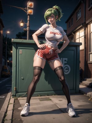 A woman, wearing a white T-shirt, short red shorts, white stockings, black sneakers, black suit, gigantic breasts, green hair, extremely short hair, rebellious hair, ponytailed hair, fringed hair in front of the eye, looking at the viewer, (((sensual pose+Interacting+leaning on anything+object+leaning against))), in a very busy night, with many construction machines,  vehicles, structures, ((full body):1.5), 16K, UHD, unreal engine 5, quality max, max resolution, ultra-realistic, ultra-detailed, maximum sharpness, ((perfect_hands):1), Goodhands-beta2,