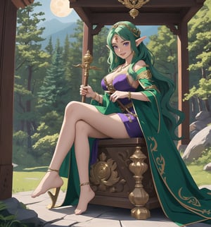 A fantastic masterpiece of art, full of beauty and magic. | Aria, a 237-year-old elf with an elegant and wise appearance, is in a temple in the Rocky Mountains, a mystical and enchanted environment. | She wears a long tunic of dark green fabric, with gold details and leaf embroidery, showing her connection to nature and her status as a sorceress. | To complement her look, she also wears a green velvet cape with feather trim and a gold moon-shaped brooch, adding a touch of sophistication and magic to her appearance. | Her long, wavy green hair has a few loose strands at the front, giving her beauty a natural and delicate look. Her purple eyes are large and expressive, conveying wisdom and serenity, while her smile with sharp white teeth shows her elfin nature and grace. | Aria also holds a wooden staff with green crystals, a silver necklace with a tree-shaped pendant, and a leather bracelet with metal details, showing her connection to magic and nature. | The temple in the rocky mountains has rock structures, wooden structures, an altar in the center and pillars with emblems, creating a sacred and mystical atmosphere. | Soft, mystical lighting effects create an enchanted, serene atmosphere, while detailed textures on structures and costume add realism to the image. | An elegant and magical scene of Aria in a Rocky Mountain temple, exploring themes of fantasy, nature and magic. | (((((The image reveals a full-body shot as she assumes a sensual pose, engagingly leaning against a structure within the scene in an exciting manner. She takes on a sensual pose as she interacts, boldly leaning on a structure, leaning back in an exciting way.))))). | ((full-body shot)), ((perfect pose)), ((perfect fingers, better hands, perfect hands)), ((perfect legs, perfect feet)), ((huge breasts)), ((perfect design)), ((perfect composition)), ((very detailed scene, very detailed background, perfect layout, correct imperfections)), More Detail, Enhance