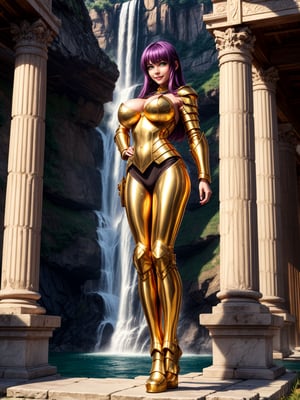 woman, wearing the golden armor of the Sign of Libra with several gold weapons attached to the armor, extremely tight and tight on the body, straight purple hair, hair with bangs in front of the eye, ((gigantic breasts)), ((striking a pose by leaning against a structure)), staring at the viewer, in the temple of the knight of Sagittarius of ancient Greece, marble pillars, large altars with armor, near a waterfall, is by day, (((full body))), 16k, UHD, better quality, better resolution, better detail, light and shadow effects,
