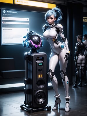 A woman, wearing robotic suit+mecha suit+cybernetic armor, white suit with parts in blue, wearing helmet with colored visor, gigantic breasts, blue hair, extremely short hair, rebellious hair, hair with ponytail, hair with bangs in front of the eye, looking at the viewer, (((sensual pose+Interacting+leaning on anything+object+leaning against))), in an airport with machines, equipment, structures, many people, ((full body):1.5), 16K, UHD, Unreal Engine 5, quality max, max resolution, ultra-realistic, ultra-detailed, maximum sharpness, ((perfect_hands):1), Goodhands-beta2, [super metroid, cyberpunk]