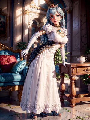 A woman, black and white maid costume, very short white skirt with embroidery, ((gigantic breasts)), blue hair, wavy hair, hair with bangs in front of the eyes, looking at the viewer, (((pose with interaction and leaning on [something|an object]))), in a castle, with structures, furniture, background, statues, ((full body):1.5), 16k, UHD, best possible quality,  ultra detailed, best possible resolution, Unreal Engine 5, professional photography, well-detailed fingers, well-detailed hand, perfect_hands, perfect