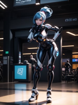 A woman, wearing robotic suit+mecha suit+cybernetic armor, white suit with parts in blue, wearing helmet with colored visor, gigantic breasts, blue hair, extremely short hair, rebellious hair, hair with ponytail, hair with bangs in front of the eye, looking at the viewer, (((sensual pose+Interacting+leaning on anything+object+leaning against))), in an airport with machines, equipment, structures, many people, ((full body):1.5), 16K, UHD, Unreal Engine 5, quality max, max resolution, ultra-realistic, ultra-detailed, maximum sharpness, ((perfect_hands):1), Goodhands-beta2, [super metroid, cyberpunk]