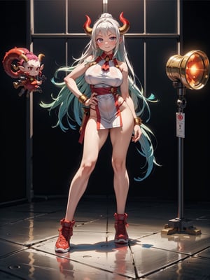 A woman, wearing white wick costume with dark red parts, very tight costume on the body, ((gigantic breasts, perfect body)), hair with green lock, hair straight, hair with bangs in front of the eyes, (((horns on the head)), looking at the viewer, (((pose with interaction and leaning on [something|an object]))), in a laboratory, with computers, machines, vehicles,  windows, lights inside pipes, ((full body):1.5), 16k, UHD, best possible quality, ultra detailed, best possible resolution, Unreal Engine 5, professional photography, well-detailed fingers, well-detailed hand, perfect_hands, perfect, ((super metroid))