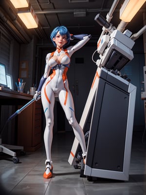 A woman, wearing white wick costume + blue parts, very tight costume on the body, ((gigantic breasts)), light blue hair, very short hair, straight hair, hair with bangs in front of the eyes, looking at the viewer, (((pose with interaction and leaning on [something|an object]))), inside a laboratory with computers, machinery, overview of a giant robot,  is daytime, ((full body):1.5), 16k, UHD, best possible quality, ultra detailed, best possible resolution, Unreal Engine 5, professional photography, (perfect:0.8), ((well-detailed fingers):0.8), ((well-detailed hand):0.8), ((perfect hands):0.8), ((neon genesis evangelion)) + ((mecha))